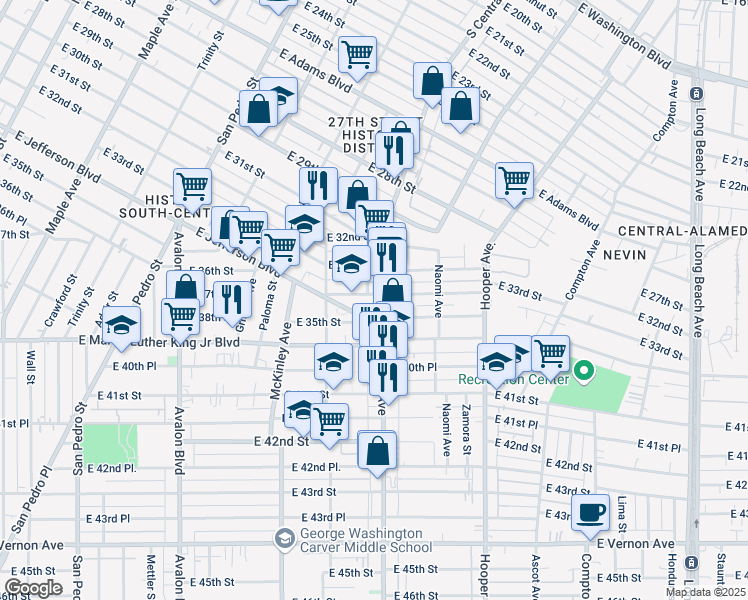 map of restaurants, bars, coffee shops, grocery stores, and more near 3401 South Central Avenue in Los Angeles