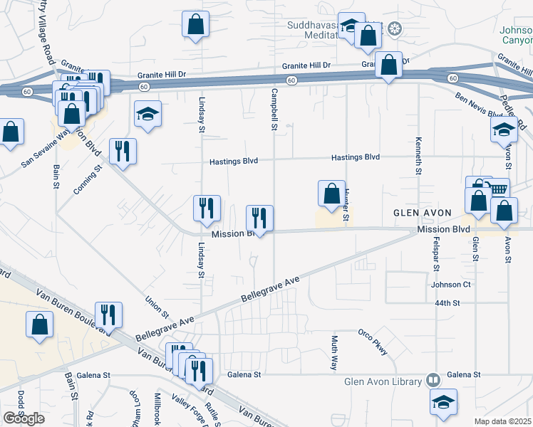 map of restaurants, bars, coffee shops, grocery stores, and more near 9643 Mission Boulevard in Riverside