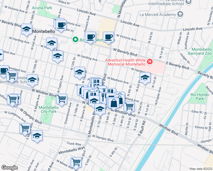 map of restaurants, bars, coffee shops, grocery stores, and more near 225 North 7th Street in Montebello