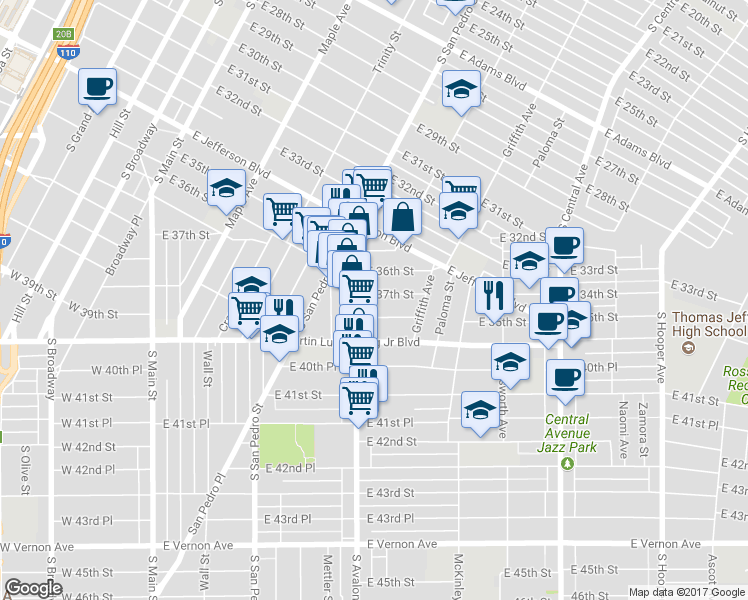 map of restaurants, bars, coffee shops, grocery stores, and more near 618 East 37th Street in Los Angeles