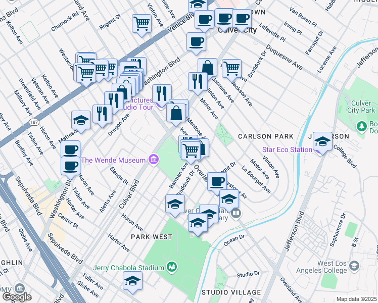 map of restaurants, bars, coffee shops, grocery stores, and more near 4208 Overland Avenue in Culver City