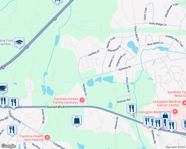 map of restaurants, bars, coffee shops, grocery stores, and more near 1401 Ephrata Drive in West Columbia