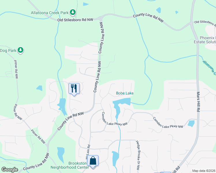 map of restaurants, bars, coffee shops, grocery stores, and more near 5291 Camden Lake Parkway Northwest in Acworth
