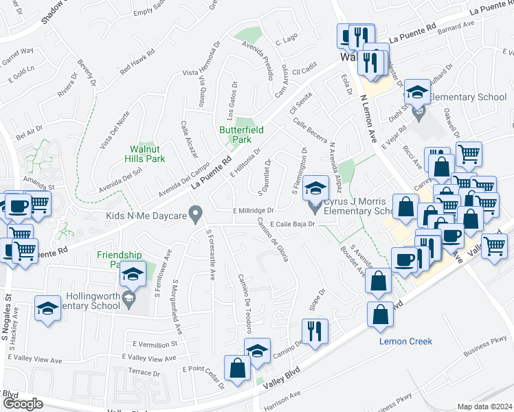 map of restaurants, bars, coffee shops, grocery stores, and more near 3349 East Millridge Drive in West Covina