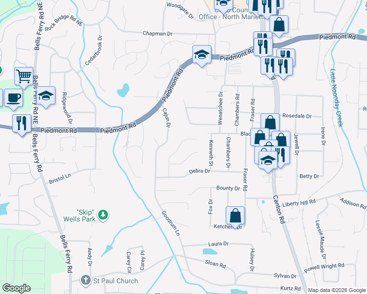 map of restaurants, bars, coffee shops, grocery stores, and more near 2492 Hidden Hills Drive in Marietta
