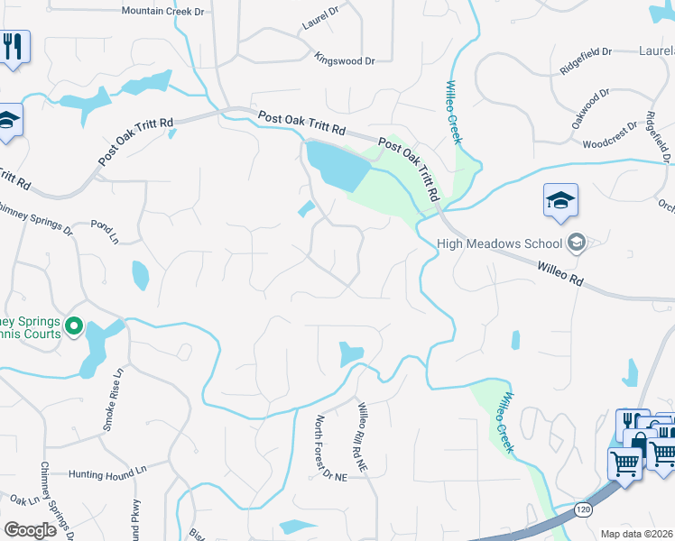 map of restaurants, bars, coffee shops, grocery stores, and more near 2680 Spring Rock Court in Roswell