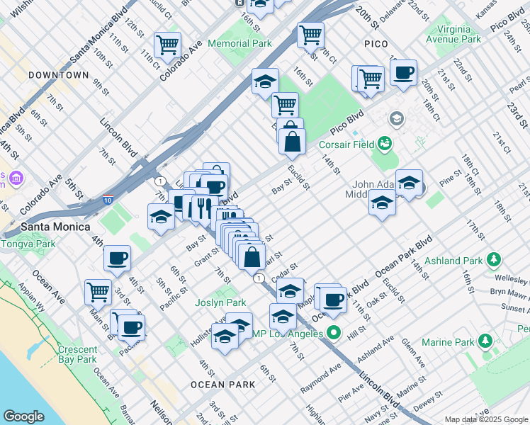 map of restaurants, bars, coffee shops, grocery stores, and more near Grant Street in Santa Monica