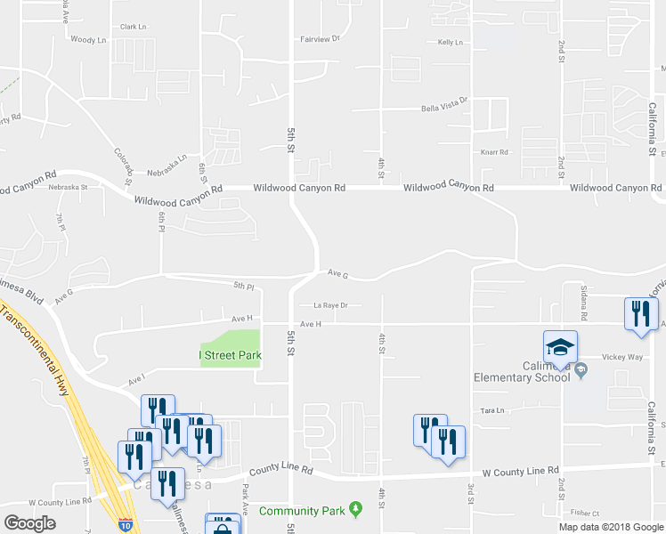 map of restaurants, bars, coffee shops, grocery stores, and more near 34390 Avenue G in Yucaipa
