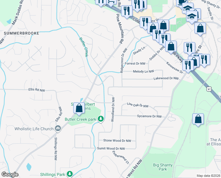 map of restaurants, bars, coffee shops, grocery stores, and more near 2603 Woodland Drive Northwest in Kennesaw