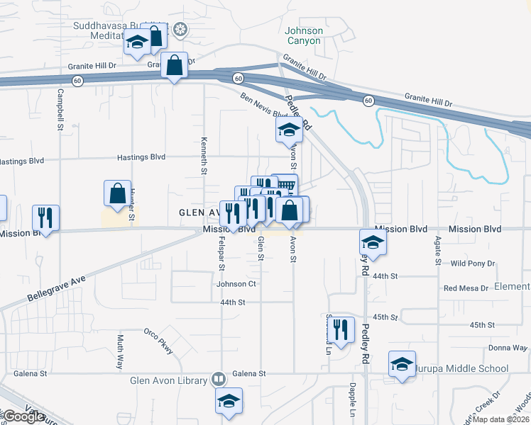 map of restaurants, bars, coffee shops, grocery stores, and more near 9085 Mission Boulevard in Riverside