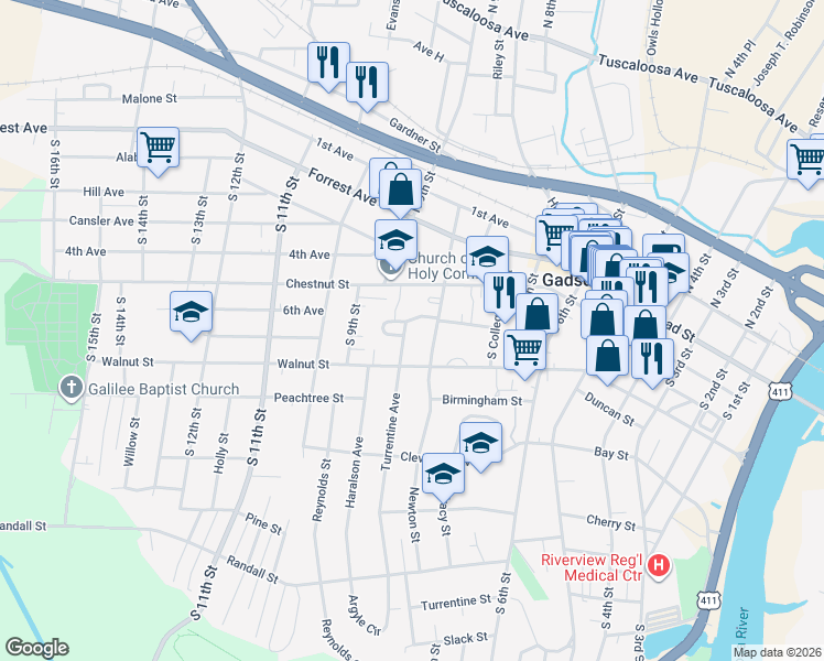 map of restaurants, bars, coffee shops, grocery stores, and more near 212 Turrentine Avenue in Gadsden