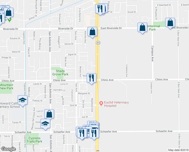 map of restaurants, bars, coffee shops, grocery stores, and more near 13175 Copra Avenue in Chino