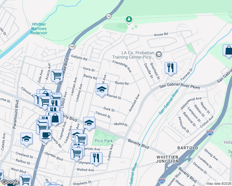 map of restaurants, bars, coffee shops, grocery stores, and more near 4140 Warrington Avenue in Pico Rivera