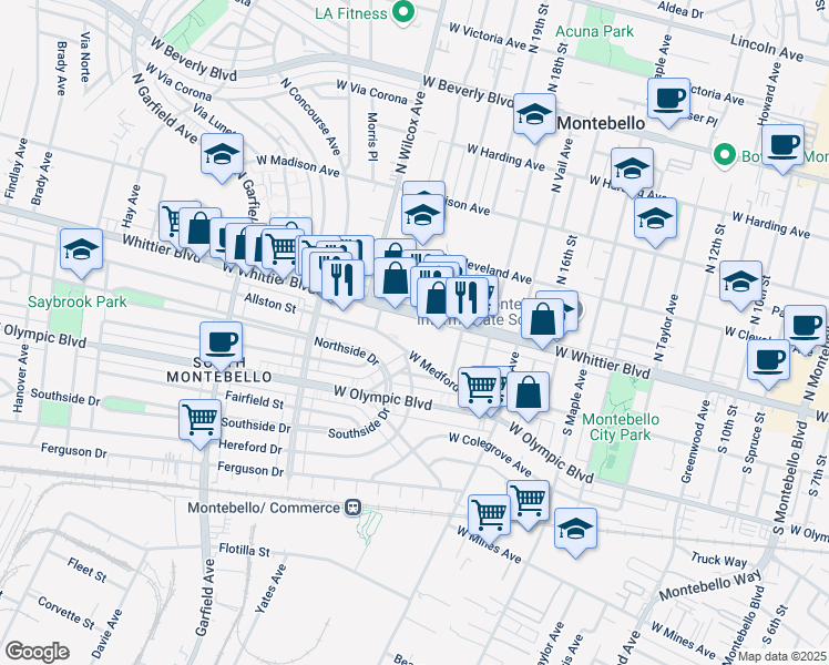 map of restaurants, bars, coffee shops, grocery stores, and more near 2051 West Whittier Boulevard in Montebello