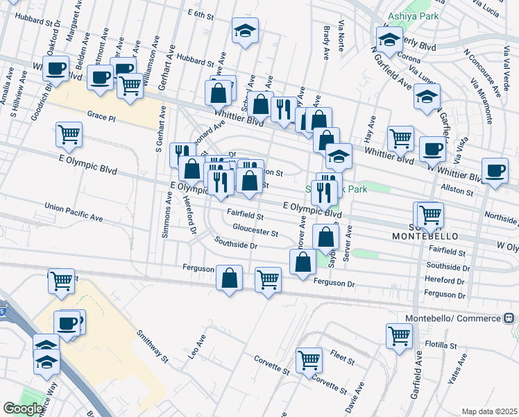 map of restaurants, bars, coffee shops, grocery stores, and more near 6077 Fairfield Street in East Los Angeles