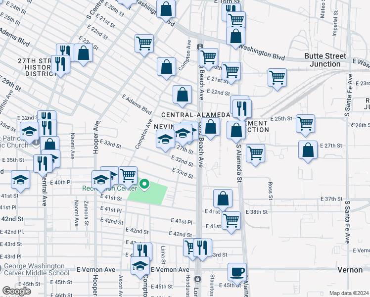 map of restaurants, bars, coffee shops, grocery stores, and more near 1614 East 27th Street in Los Angeles