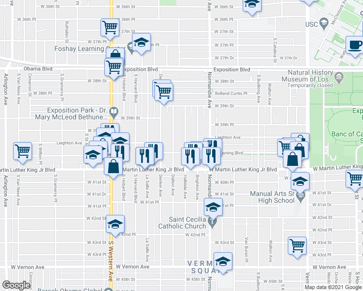 map of restaurants, bars, coffee shops, grocery stores, and more near 3968 Halldale Avenue in Los Angeles