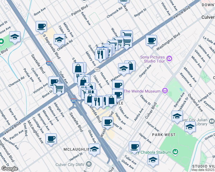 map of restaurants, bars, coffee shops, grocery stores, and more near 11046 Matteson Avenue in Culver City