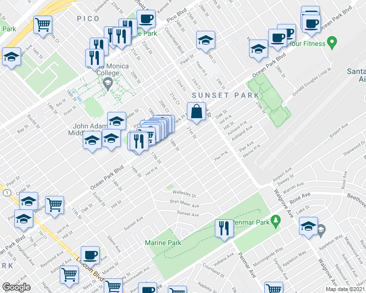 map of restaurants, bars, coffee shops, grocery stores, and more near 1810 Oak Street in Santa Monica