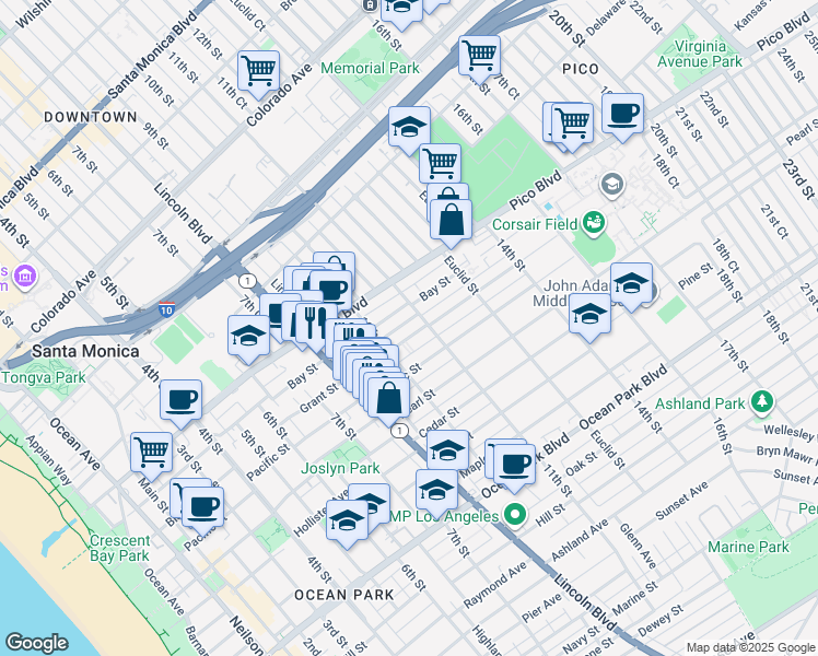 map of restaurants, bars, coffee shops, grocery stores, and more near 1027 Grant Street in Santa Monica