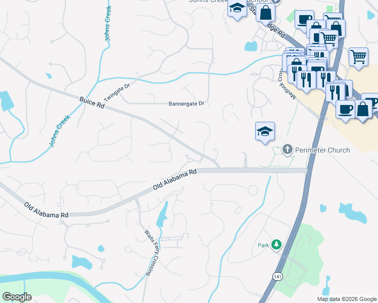 map of restaurants, bars, coffee shops, grocery stores, and more near Aster Drive in Johns Creek