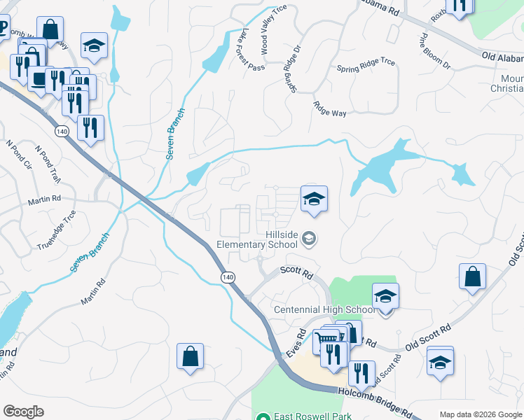 map of restaurants, bars, coffee shops, grocery stores, and more near 147 West Ridge Way in Roswell
