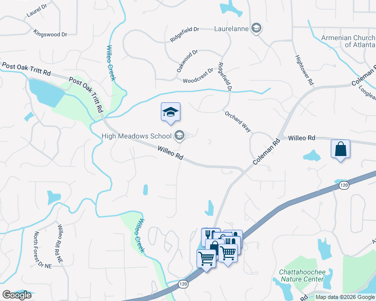 map of restaurants, bars, coffee shops, grocery stores, and more near 1015 Willeo Road in Roswell