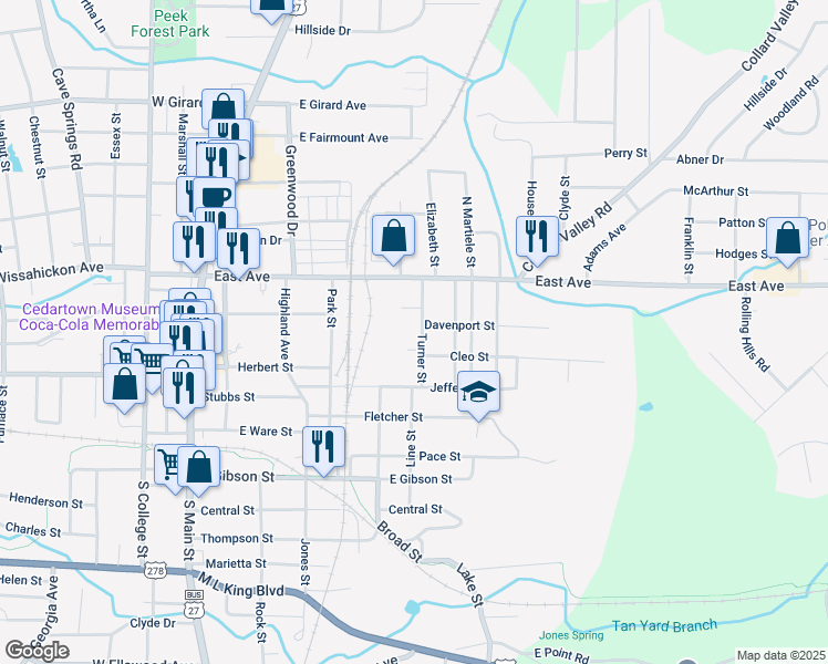 map of restaurants, bars, coffee shops, grocery stores, and more near 206 Turner Street in Cedartown