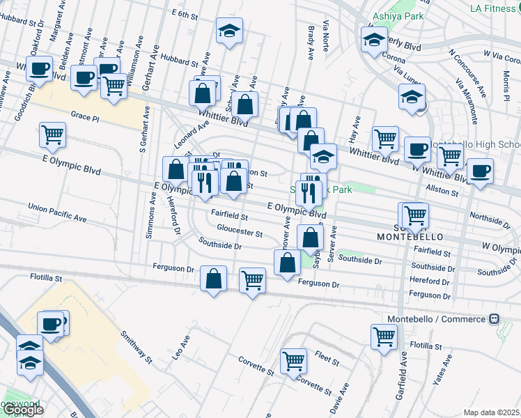map of restaurants, bars, coffee shops, grocery stores, and more near 6128 East Olympic Boulevard in East Los Angeles