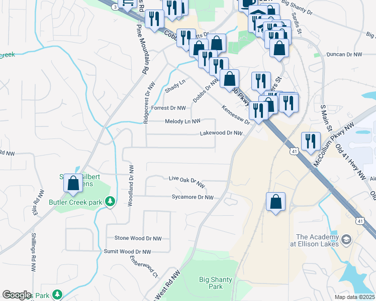 map of restaurants, bars, coffee shops, grocery stores, and more near 2399 Woodland Drive Northwest in Kennesaw