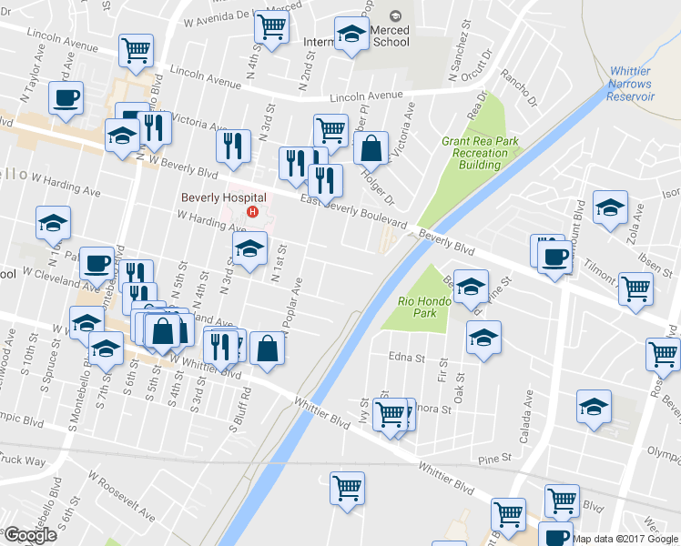 map of restaurants, bars, coffee shops, grocery stores, and more near 241 Maiden Lane in Montebello