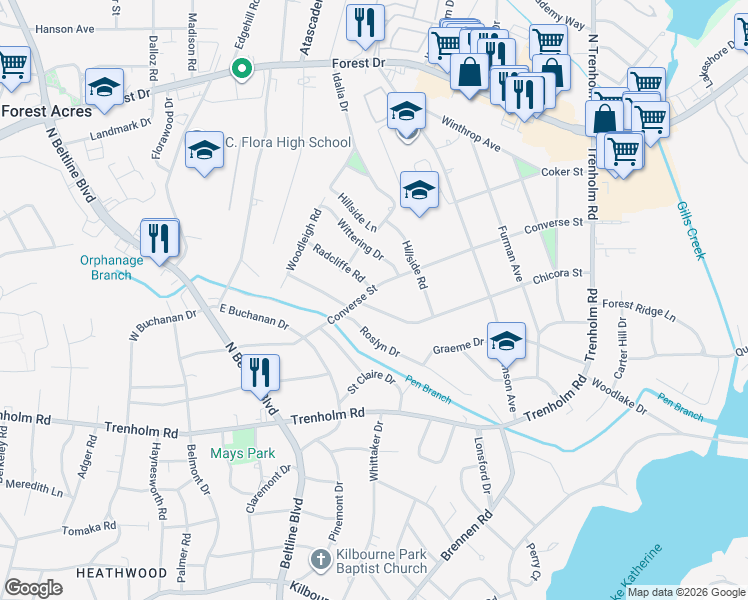map of restaurants, bars, coffee shops, grocery stores, and more near 4308 Converse Street in Columbia