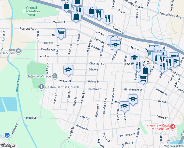 map of restaurants, bars, coffee shops, grocery stores, and more near 1011 7th Avenue in Gadsden