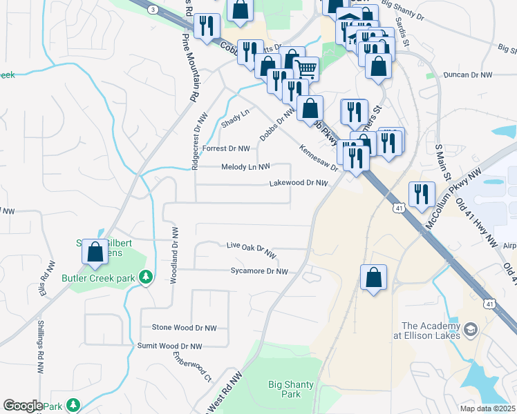 map of restaurants, bars, coffee shops, grocery stores, and more near 2391 Woodland Drive Northwest in Kennesaw