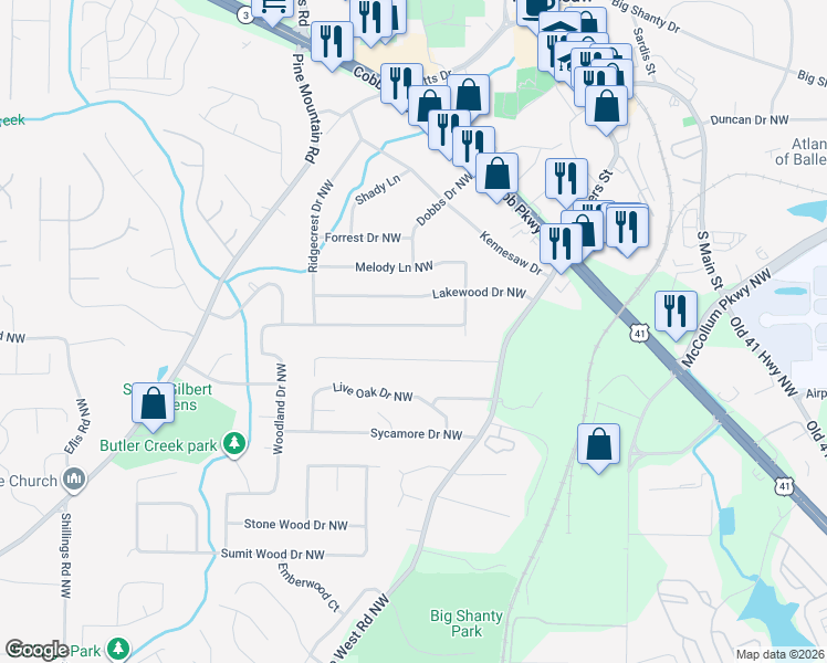 map of restaurants, bars, coffee shops, grocery stores, and more near 2391 Woodland Drive Northwest in Kennesaw
