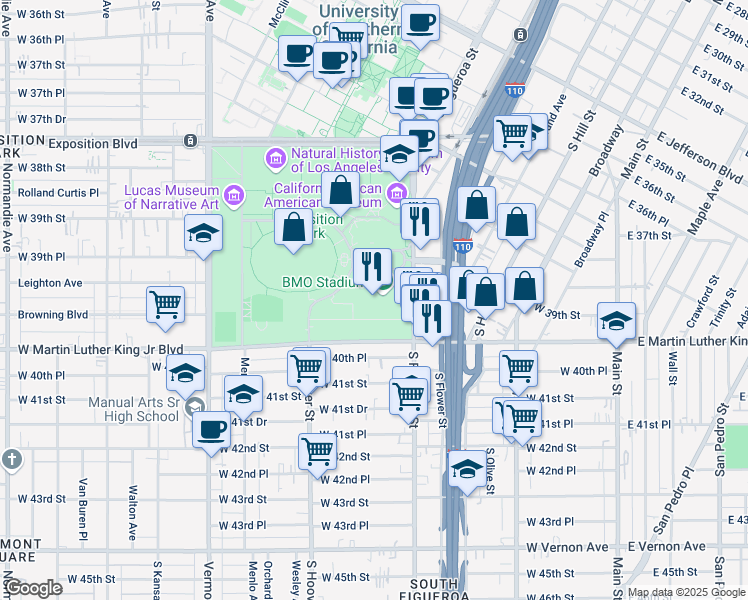 map of restaurants, bars, coffee shops, grocery stores, and more near 3939 South Figueroa Street in Los Angeles
