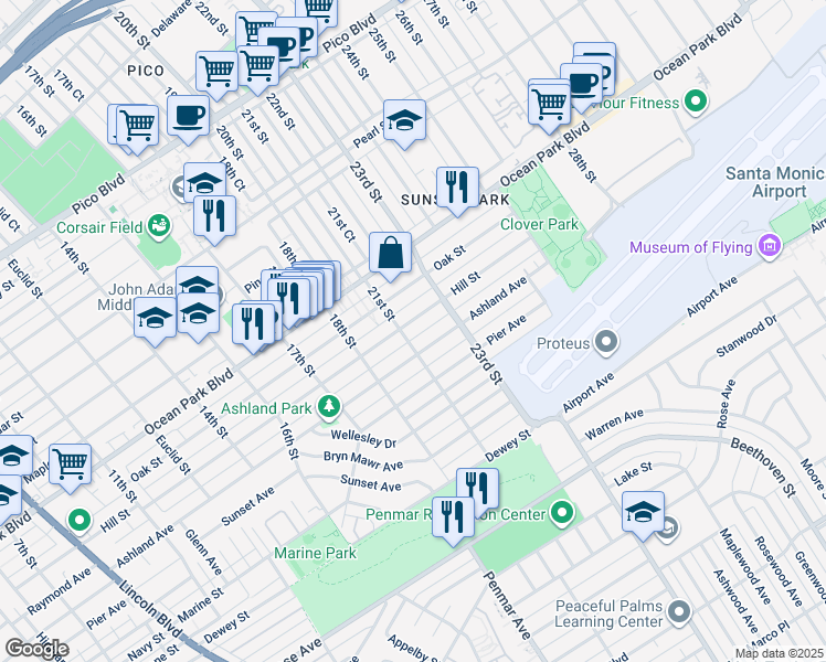 map of restaurants, bars, coffee shops, grocery stores, and more near 2020 Hill Street in Santa Monica