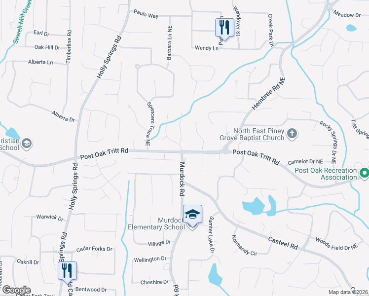 map of restaurants, bars, coffee shops, grocery stores, and more near 2600 Murdock Road in Marietta