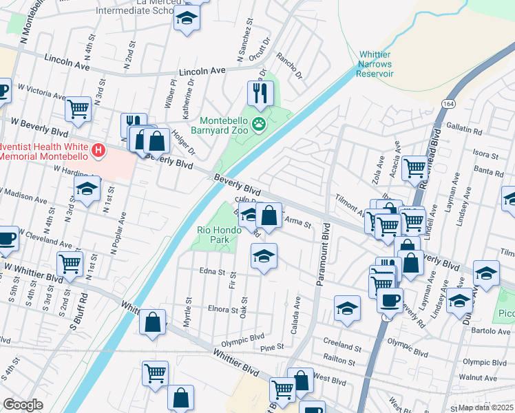 map of restaurants, bars, coffee shops, grocery stores, and more near 4432 Fir Street in Pico Rivera