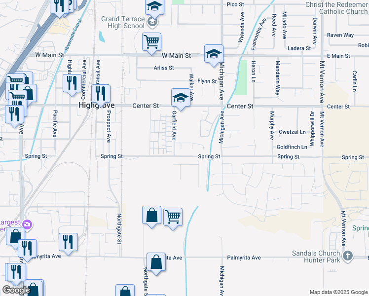 map of restaurants, bars, coffee shops, grocery stores, and more near 7322 Sage Tree Court in Riverside
