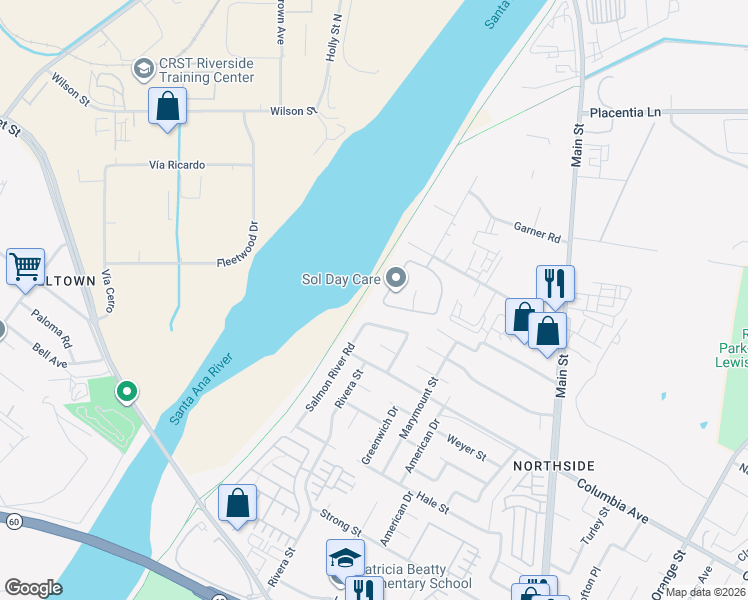 map of restaurants, bars, coffee shops, grocery stores, and more near 1087 Peach Grove in Riverside
