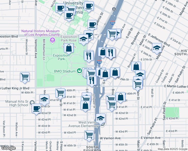 map of restaurants, bars, coffee shops, grocery stores, and more near 3992 South Flower Drive in Los Angeles