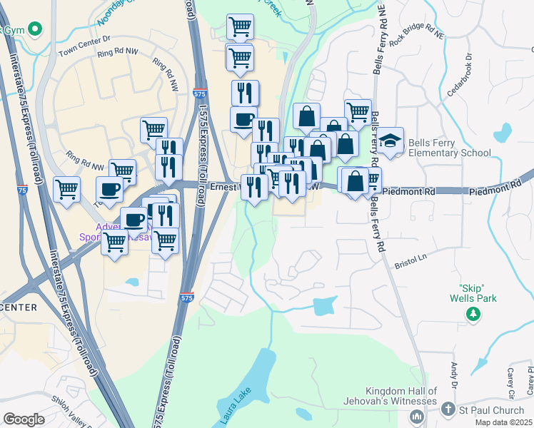 map of restaurants, bars, coffee shops, grocery stores, and more near 2500 Barrett Creek Boulevard in Marietta