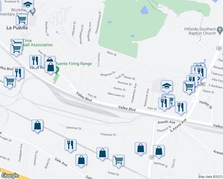 map of restaurants, bars, coffee shops, grocery stores, and more near 16862 Hurley Street in La Puente