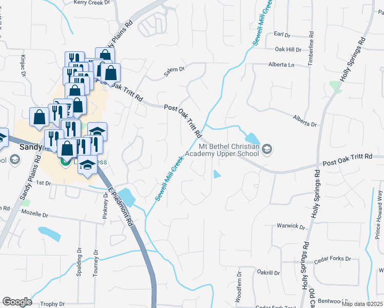 map of restaurants, bars, coffee shops, grocery stores, and more near 2562 Oak Village Pl NE in Marietta