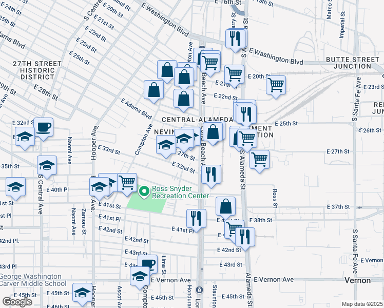 map of restaurants, bars, coffee shops, grocery stores, and more near 1655 East 27th Street in Los Angeles