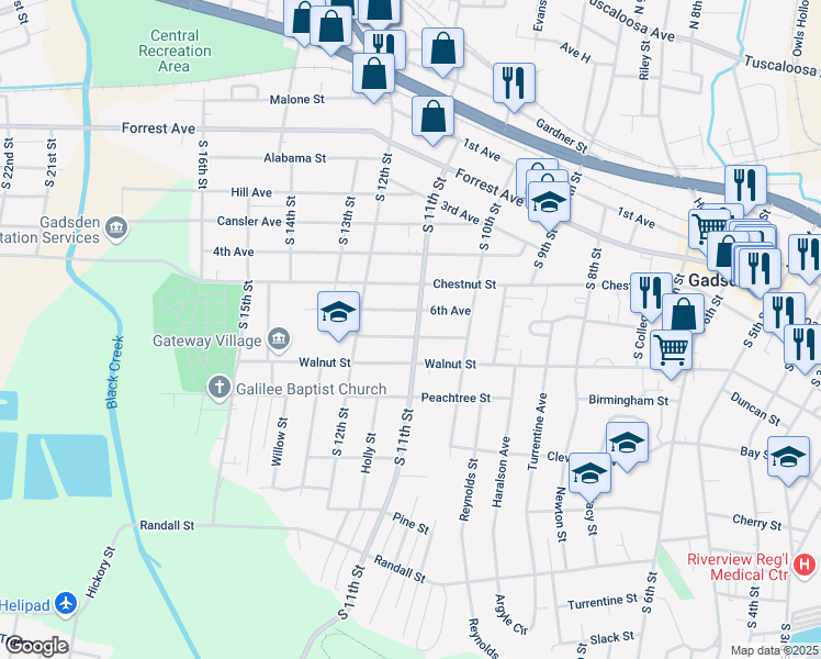 map of restaurants, bars, coffee shops, grocery stores, and more near 615 South 11th Street in Gadsden