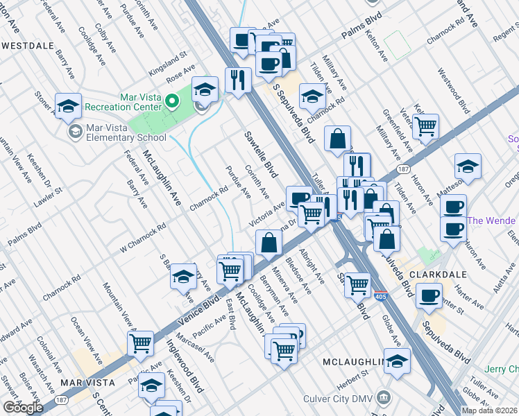 map of restaurants, bars, coffee shops, grocery stores, and more near 3659 Purdue Avenue in Los Angeles