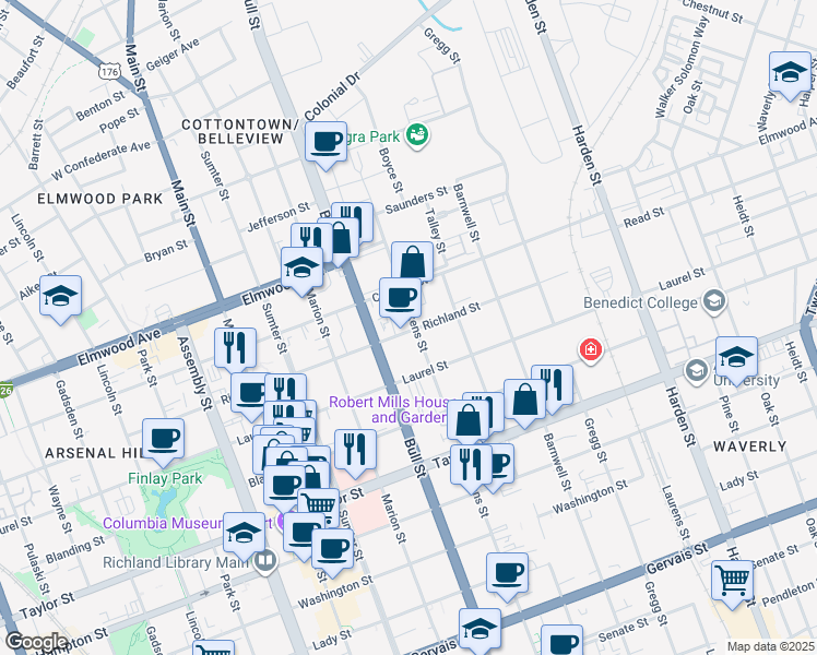 map of restaurants, bars, coffee shops, grocery stores, and more near 1533 Richland Street in Columbia