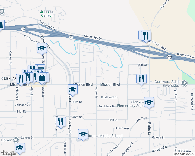 map of restaurants, bars, coffee shops, grocery stores, and more near 4158 Agate Street in Riverside